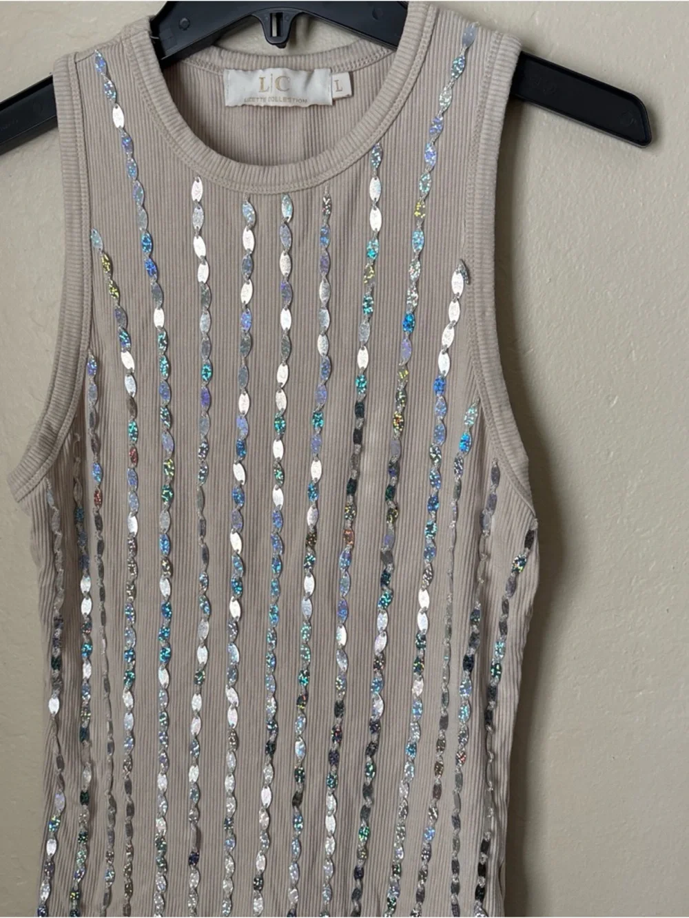Neutral Sequin Ribbed Tank Top - Picture 1 of 5
